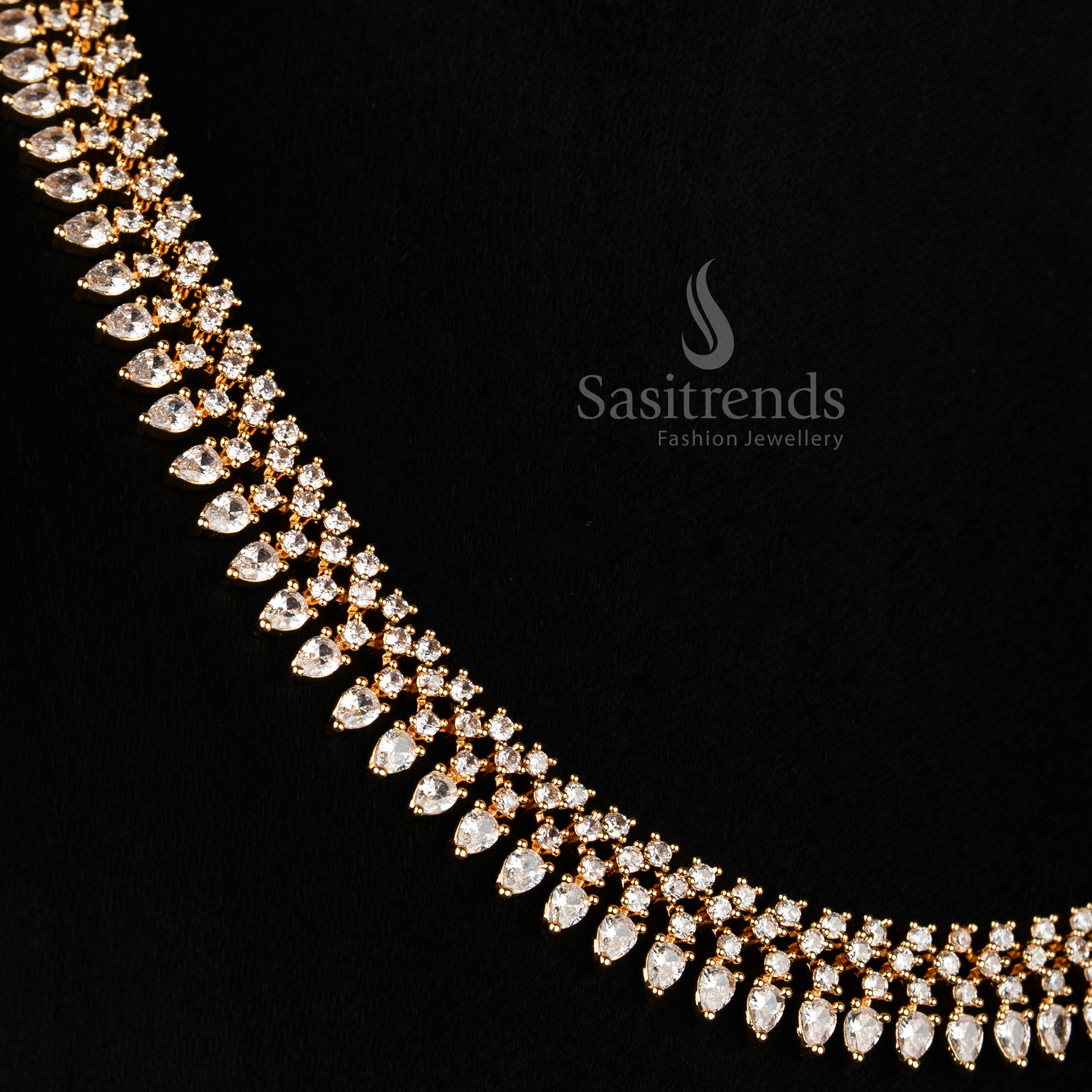 Luminous American Diamond micro gold plated marquise cut teardrop necklace set adorned with shimmering white stones, crafted for celebratory wear and elegant occasions – Sasitrends