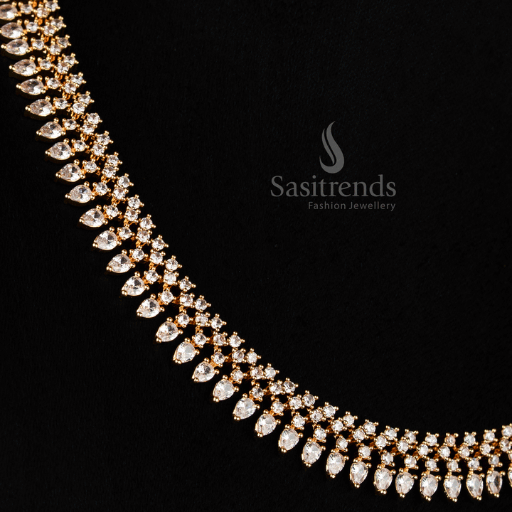 Luminous American Diamond micro gold plated marquise cut teardrop necklace set adorned with shimmering white stones, crafted for celebratory wear and elegant occasions – Sasitrends