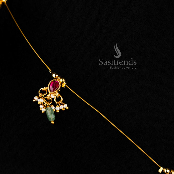 Jadau Invisible Chain 24K Gold Plated Necklace with Variety of Crafted Motifs & Pearl Touch for Saree Styling