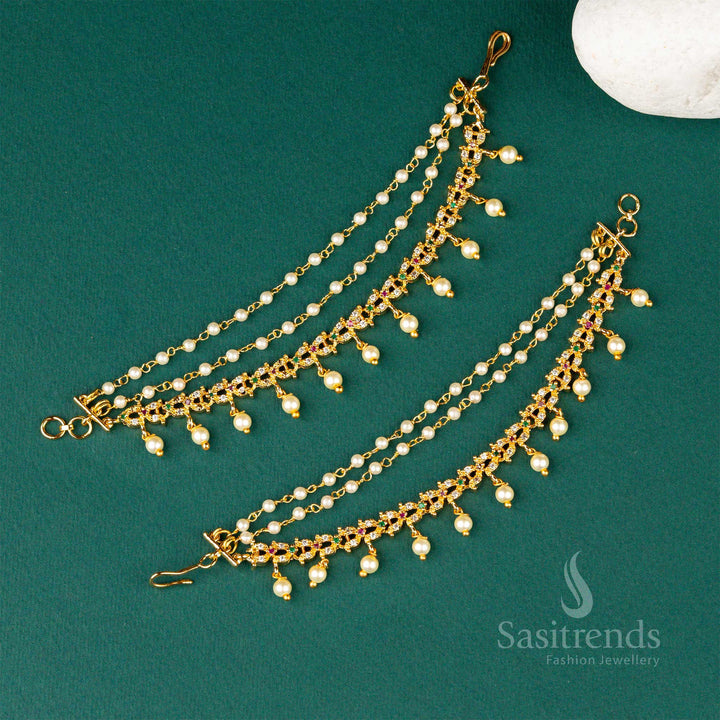 Divine Micro Gold Plated AD Stone Pearl Matil Ear Chain, Sophisticated Cultural Jewellery Curated For Brides And Festive Looks – Sasitrends