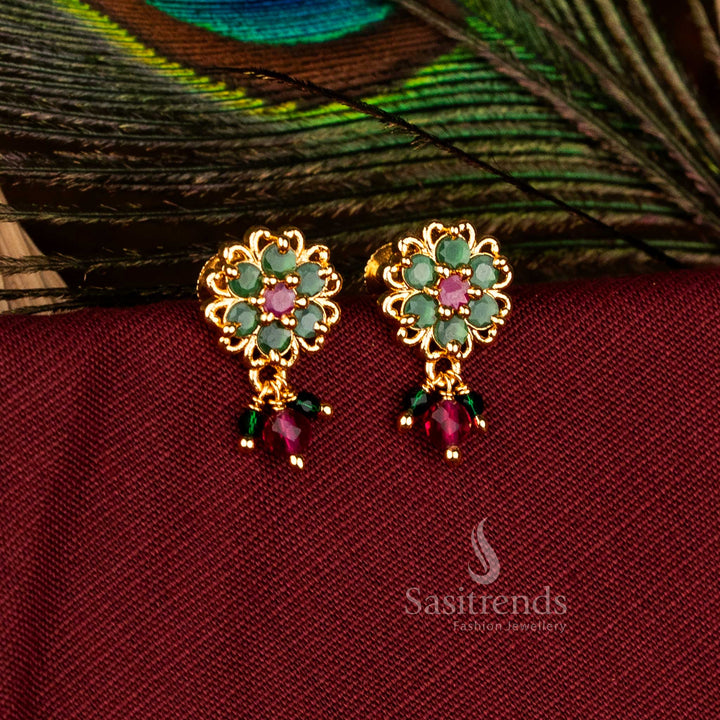 Divine Micro Gold Plated AD Lotus Outline Flower Dangle Earrings with Pearls in Ruby-Green, Radiant for Festive Traditional Jewellery – Sasitrends