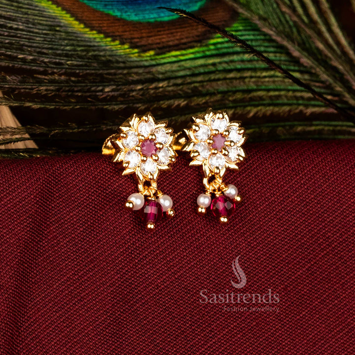 Majestic Micro Gold Plated Floral Cluster Dangle Earrings with Pearl Drops in White-Ruby, Perfect for Traditional and Festive Wedding Jewellery – Sasitrends