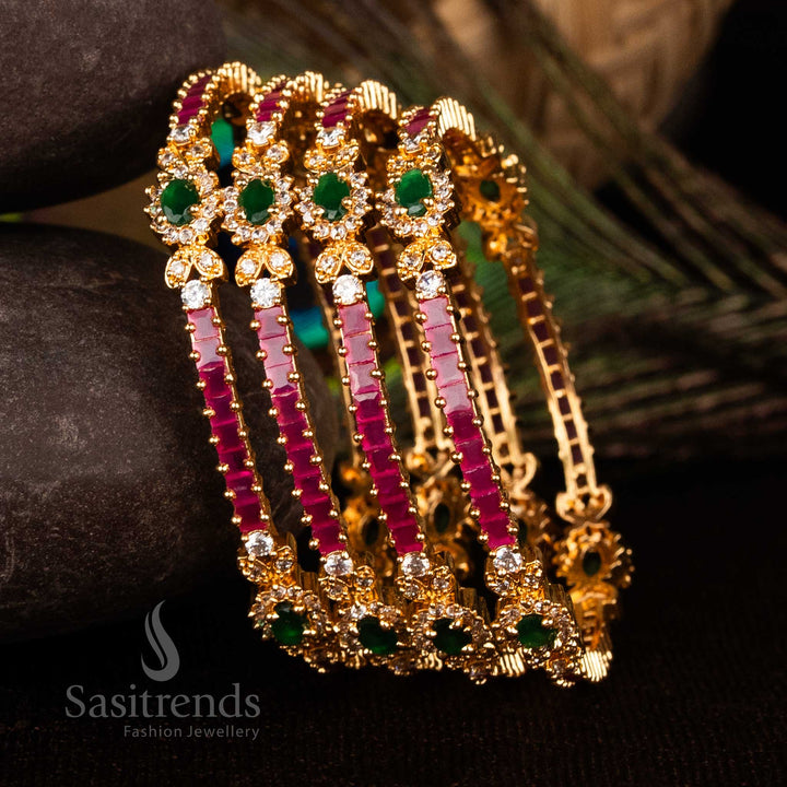 Regal Multi-Color Micro Gold Plated Bangles featuring American Diamond Stones, Ideal for Grand Traditional Festive Wear – Sasitrends