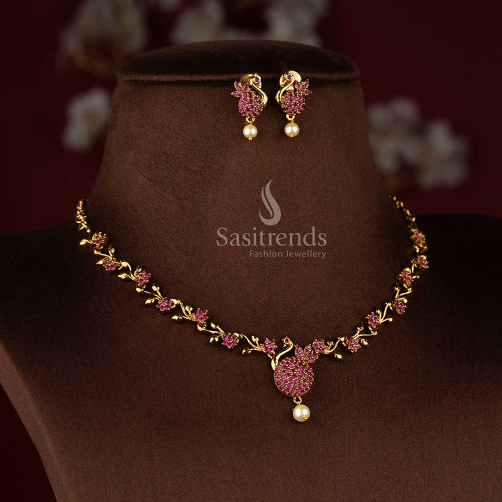 Classic ruby matte gold peacock AD necklace set, elegant jewellery for cultural and temple events - Sasitrends