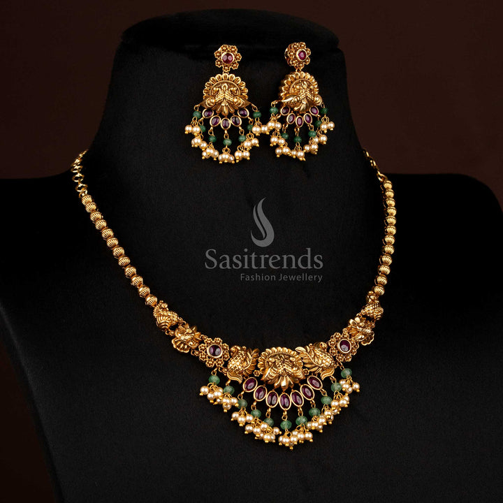 Regal Premium Matte Gold Plated Floral Dual Peacock Necklace Set with Pearl Hanging for Temple Visits & Cultural Celebrations