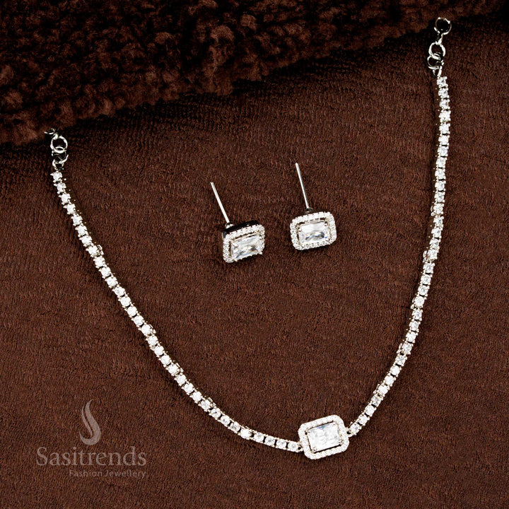 White stone American diamond rectangle pendant necklace in rhodium silver with elegant matching earrings – a satin-shine finish for timeless bridal or party jewellery by Sasitrends