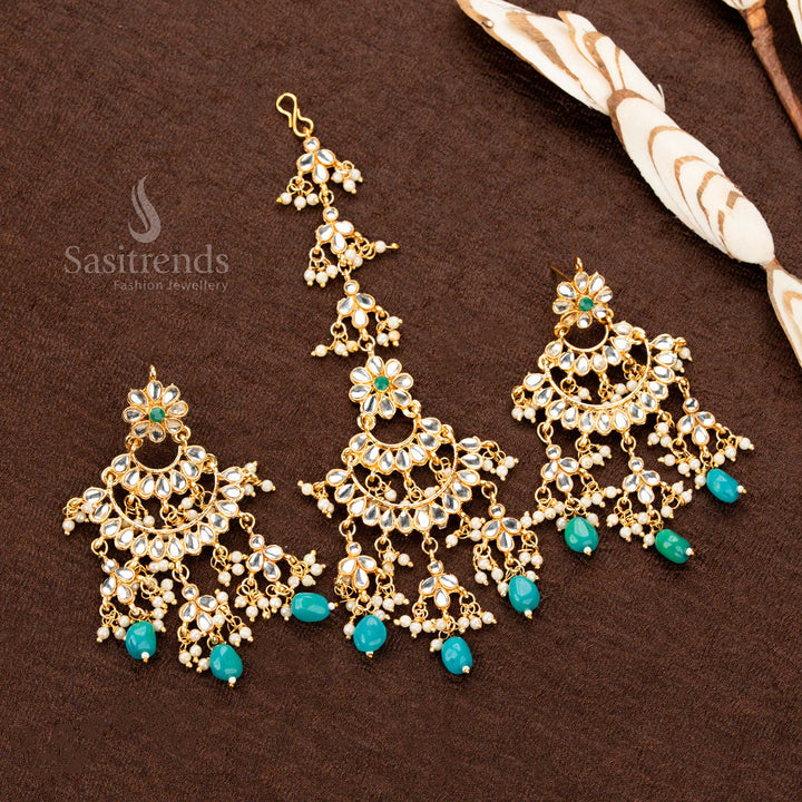 Royal green antique gold plated tikka and earrings, featuring an ornate crescent design with filigree details and delicate pearl highlights, embodying the essence of heritage bridal elegance - Sasitrends