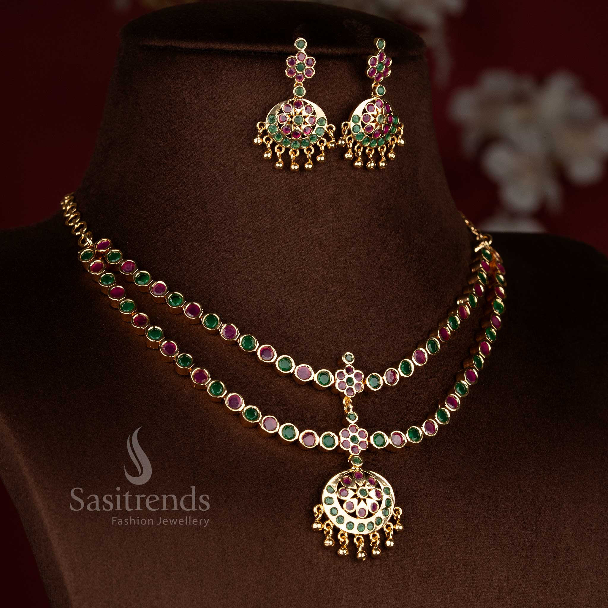 Regal tribal ruby green micro gold plated round stone crescent floral layered attigai necklace for festive opulence jewellery - Sasitrends