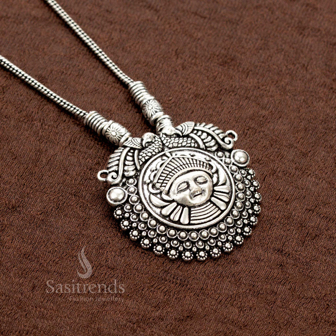Oxidised Silver Chain Necklace with Tribal Face Round Pendant  - Sasitrends