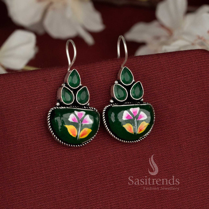 Beautiful Hand-Painted Monalisa Stone Oxidised Floral Cluster Fish Hook Earrings for Office Outfits