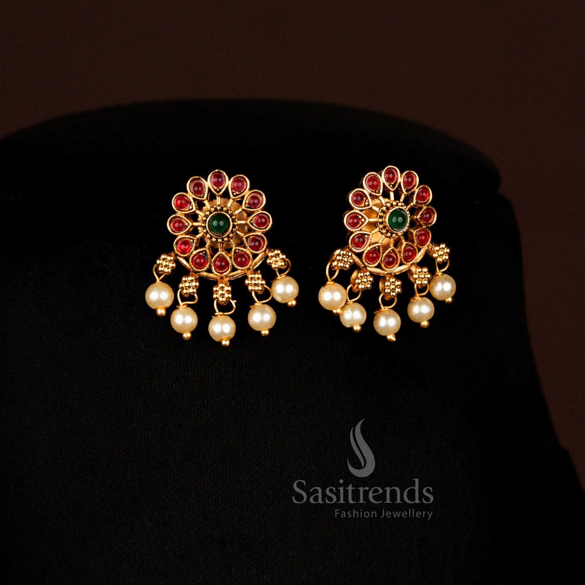 Royal Temple Matte Gold Plated Floral Teardrop Stone Ruby Green Pearl Bridal Earrings Set Jewellery – Sasitrends