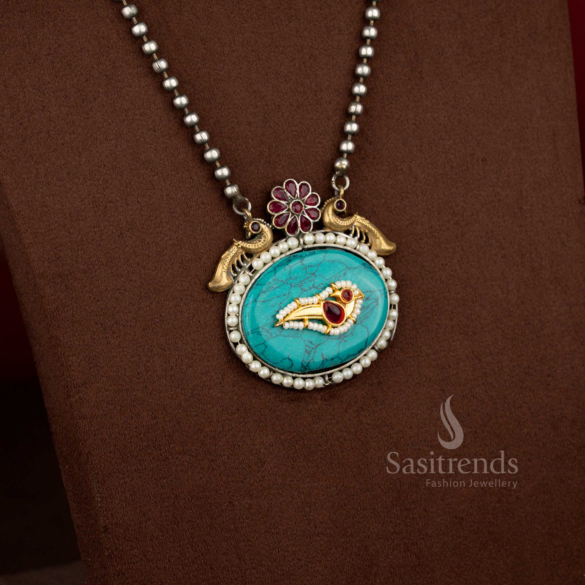 Radiant turquoise ruby dual tone antique oxidised 92.5 silver plated floral peacock pendant necklace – Sasitrends