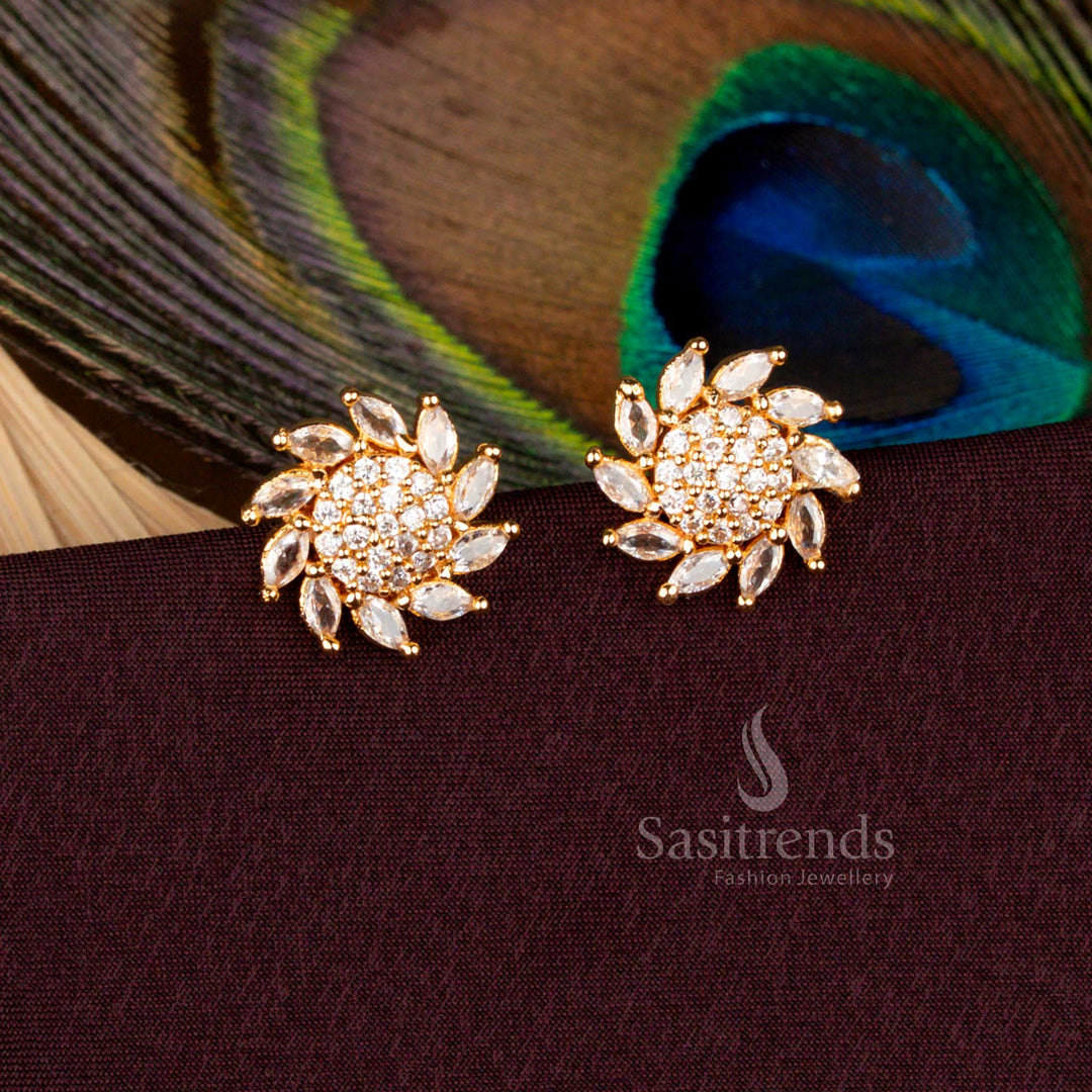 Radiant white floral AD stud earrings crafted in pure micro gold finish with guaranteed 24 carat gold look, designed for bridal weddings, festive wear, and cultural occasions - Sasitrends