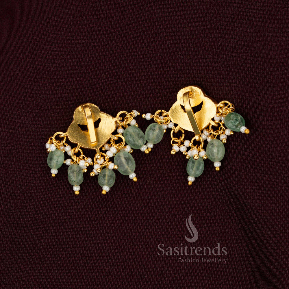 24K Gold Plated Jadau Bugadi Earrings In Chandelier Design With Multi Color Stones Kundan Green Beads And Pearls By Sasitrends