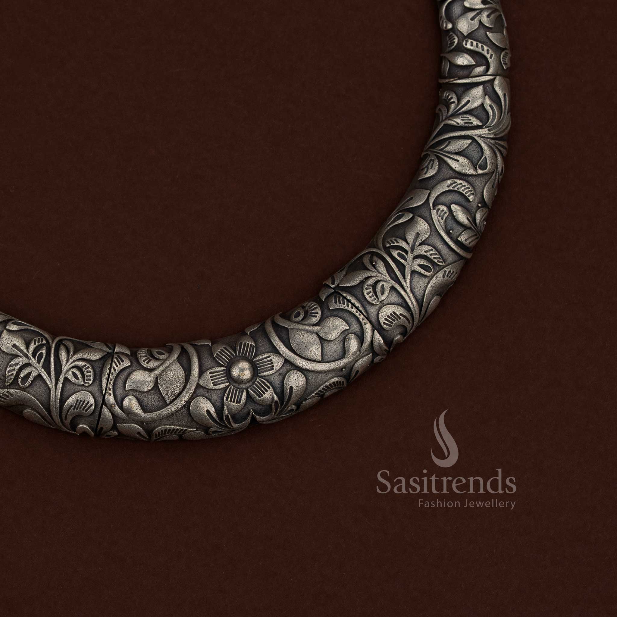 Gorgeous 92.5 Silver Oxidised Plated Floral Tribal Husli Necklace Jewellery Set heritage celebrations Sasitrends