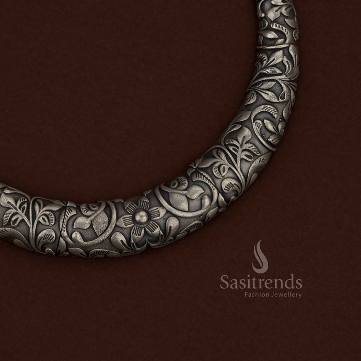 Gorgeous 92.5 Silver Oxidised Plated Floral Tribal Husli Necklace Jewellery Set heritage celebrations Sasitrends