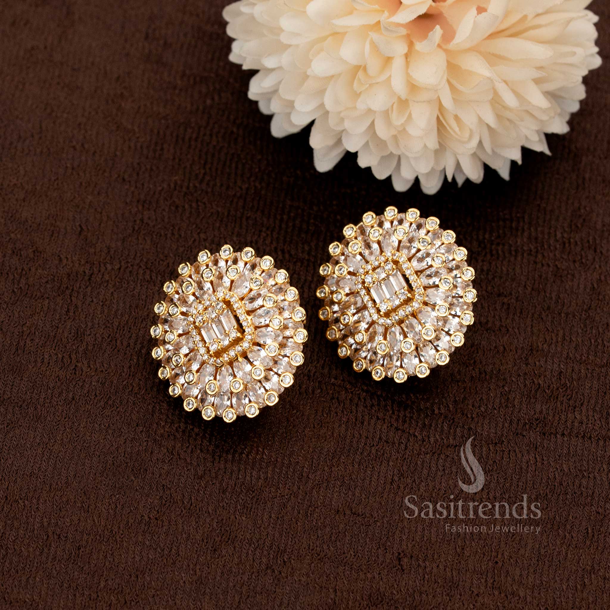 Gracefully crafted gold plated floral stud earrings with dazzling white American diamonds adding a radiant charm for elegant gatherings – Sasitrends