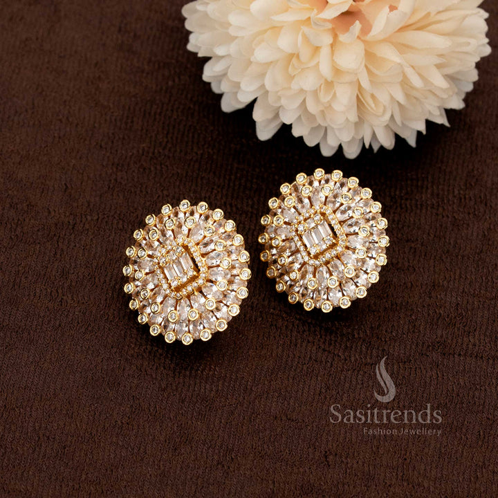 Gracefully crafted gold plated floral stud earrings with dazzling white American diamonds adding a radiant charm for elegant gatherings – Sasitrends
