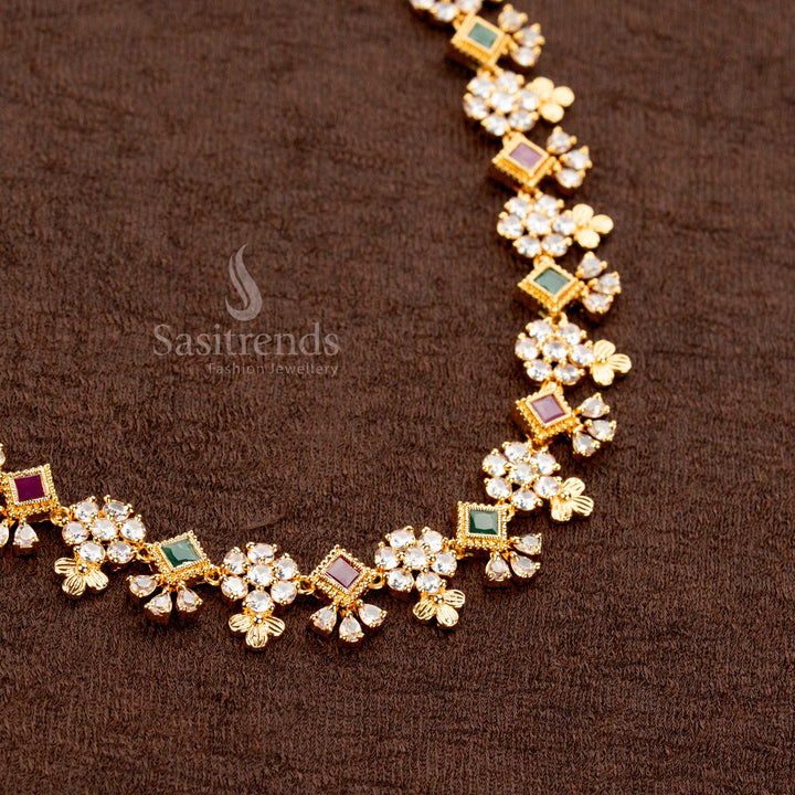 Luxurious traditional multi-color American Diamond jewellery set, crafted with an intricate floral cluster arrangement and square gemstone highlights, an opulent accessory for weddings and sophisticated party wear - Sasitrends