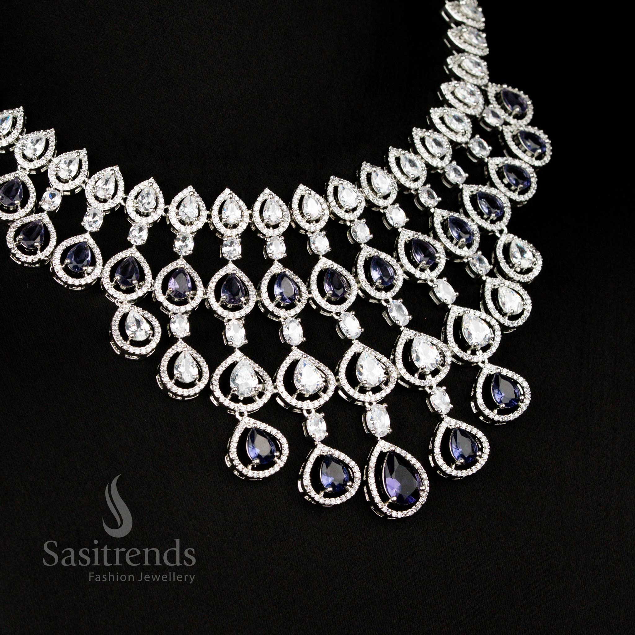 Luxurious American Diamond Rhodium Plated Bridal Jewellery Set Dark Blue Wedding Design – Sasitrends