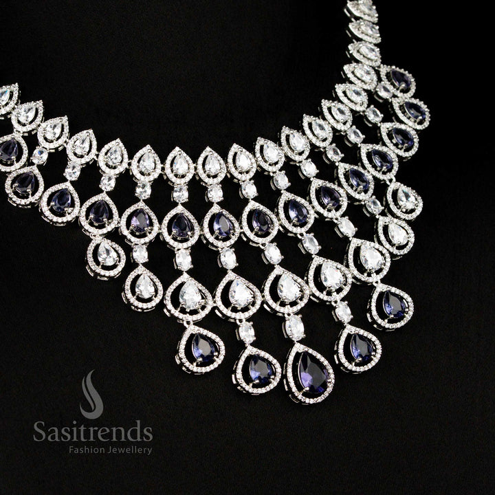 Luxurious American Diamond Rhodium Plated Bridal Jewellery Set Dark Blue Wedding Design – Sasitrends