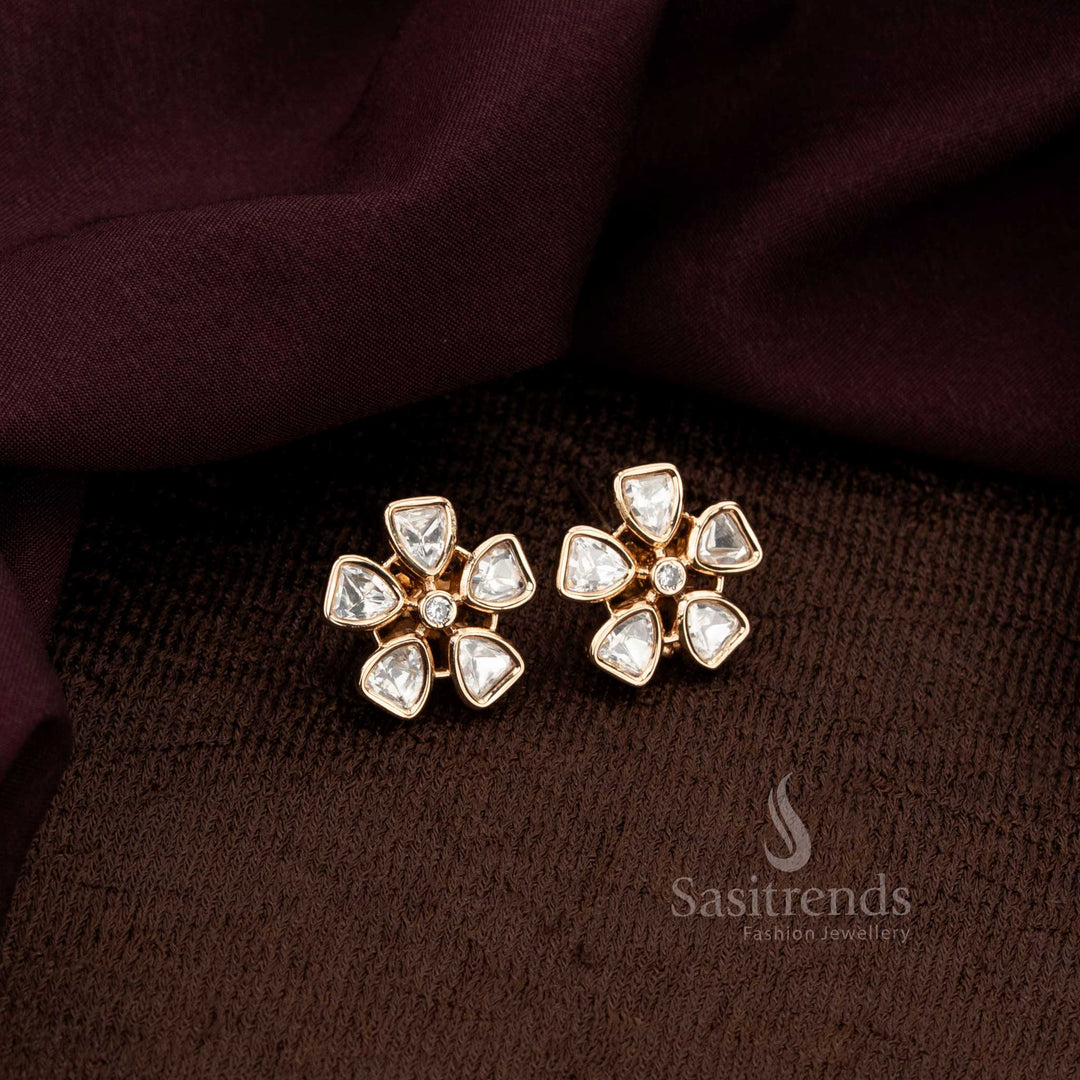 Sophisticated Blooming Carat Plated Floral Stud Earrings With Artisan Detailing And Timeless Kundan Craftsmanship For Opulent Party Wear - Sasitrends