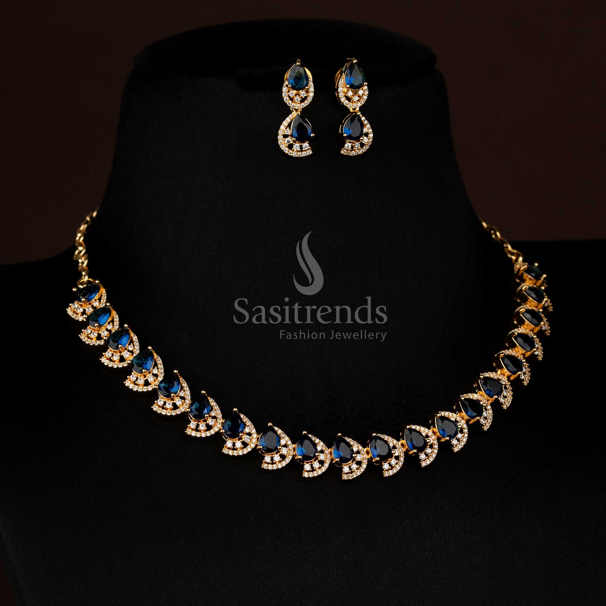 Chic blue dual finish gold plated pendant necklace with teardrop infinity design and AD stones for party nights - Sasitrends