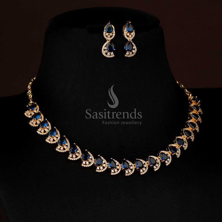 Chic blue dual finish gold plated pendant necklace with teardrop infinity design and AD stones for party nights - Sasitrends