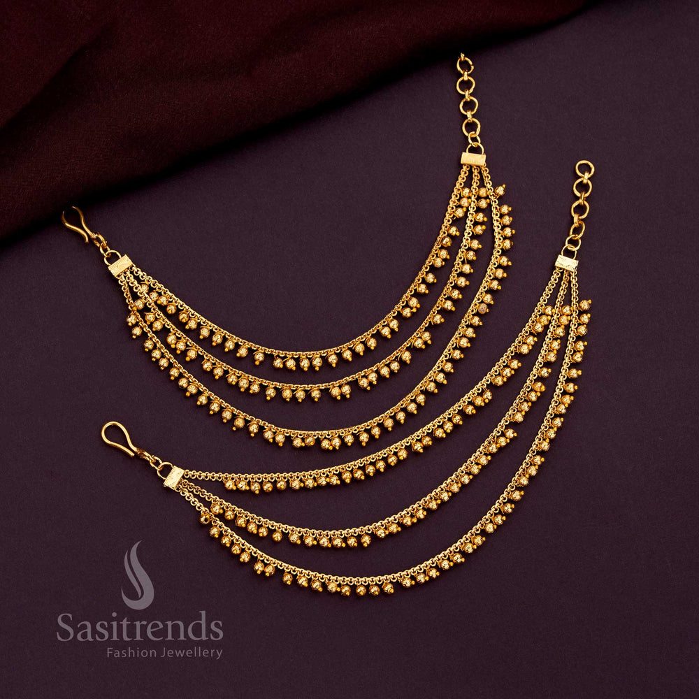 Luxurious Three Layer Gold Plated Matil Featuring Polished Golden Beads And Fine Craftsmanship Perfect For Enhancing Bridal Sarees And Lehenga Looks - Sasitrends