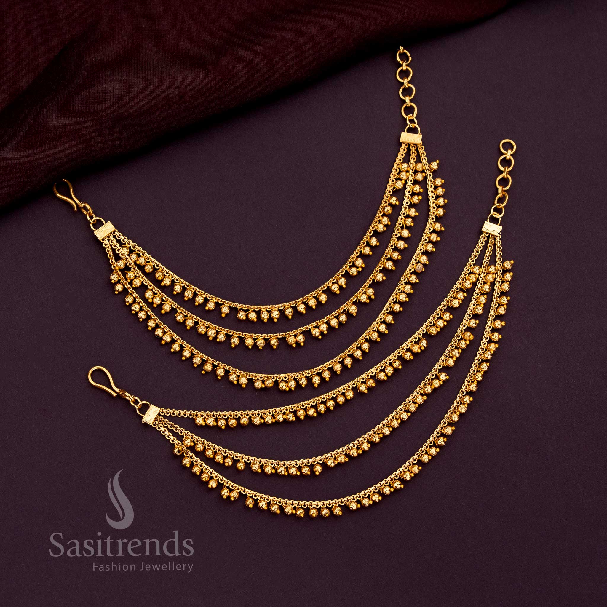 Luxurious Three Layer Gold Plated Matil Featuring Polished Golden Beads And Fine Craftsmanship Perfect For Enhancing Bridal Sarees And Lehenga Looks - Sasitrends
