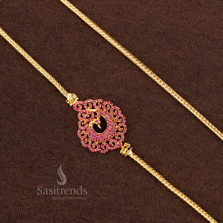 Stunning one-gram micro gold plated peacock design American diamond pendant mugappu chain, exquisitely adorned with rich ruby stones - Sasitrends