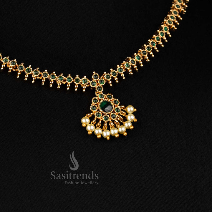 Splendid green micro gold plated circular floral pearl necklace with detailed AD embellishments, perfect for saree styling at festive and cultural events - Sasitrends