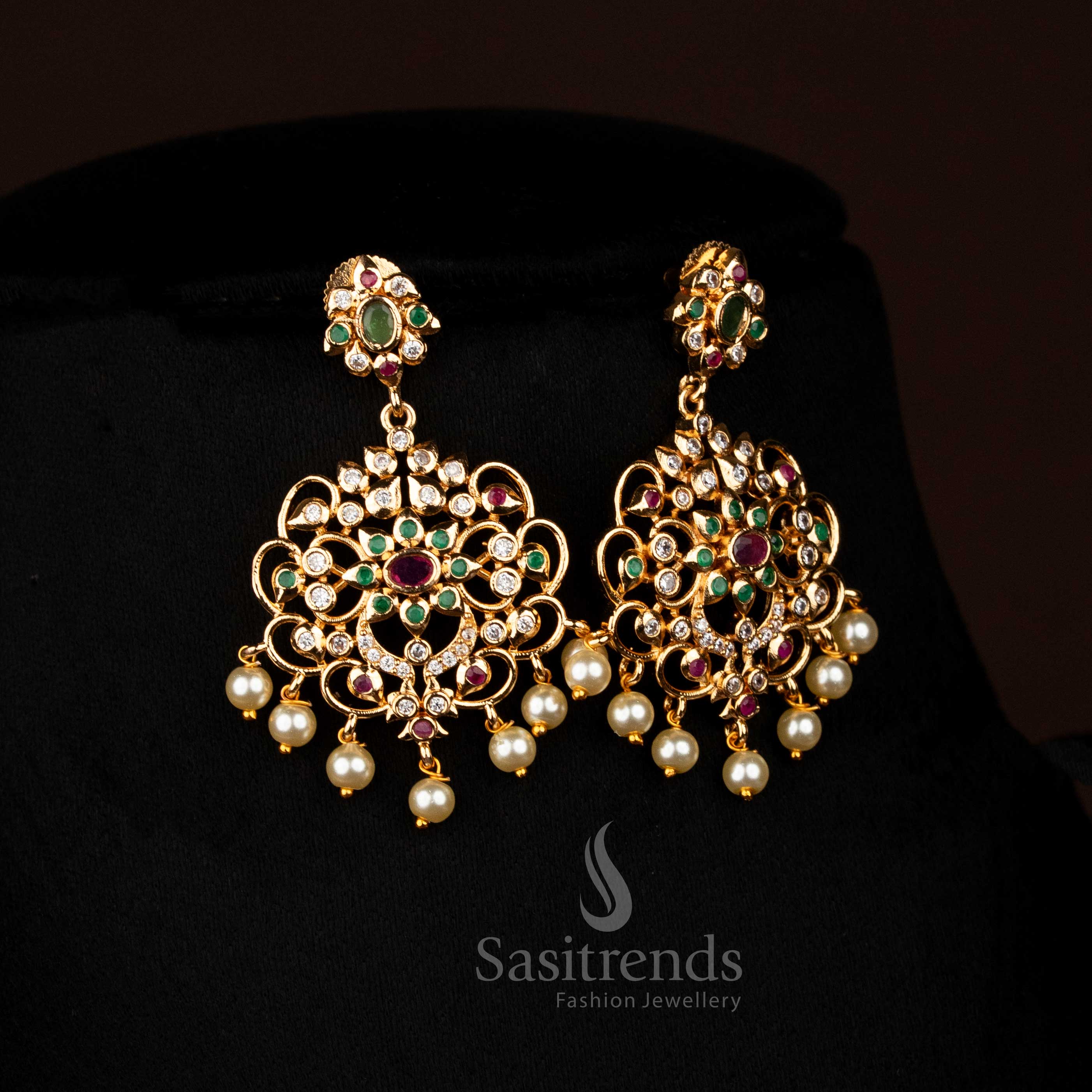 Captivating guaranteed micro gold plated AD peacock floral multi-colour earrings complementing 3-layer haram necklace, perfect for evening and party events – Sasitrends