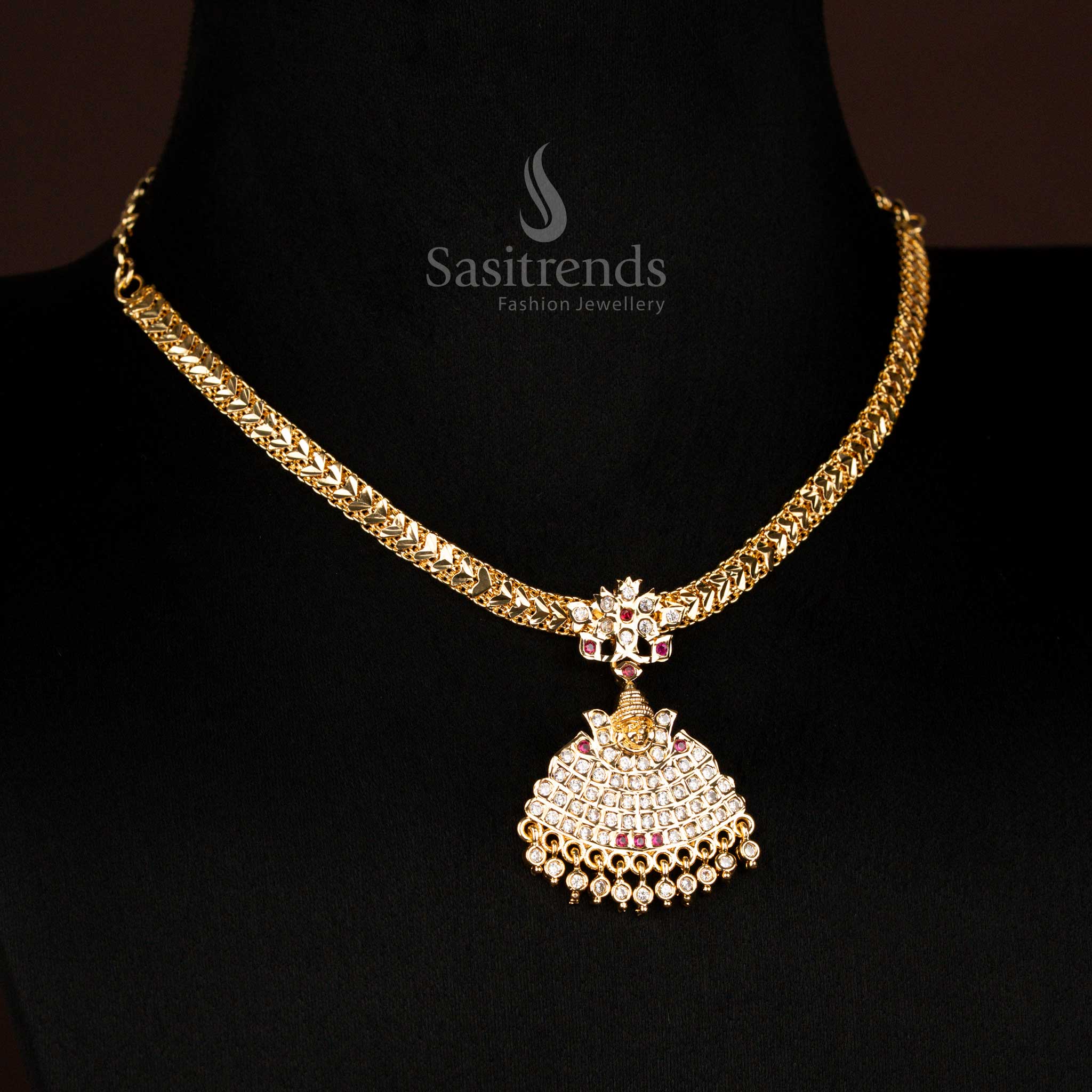 Majestic One Gram Micro Gold Plated White-Ruby God Motif Floral Dome Pendant Necklace With Bead Drops Perfect For Wedding And Cultural Occasions - Sasitrends