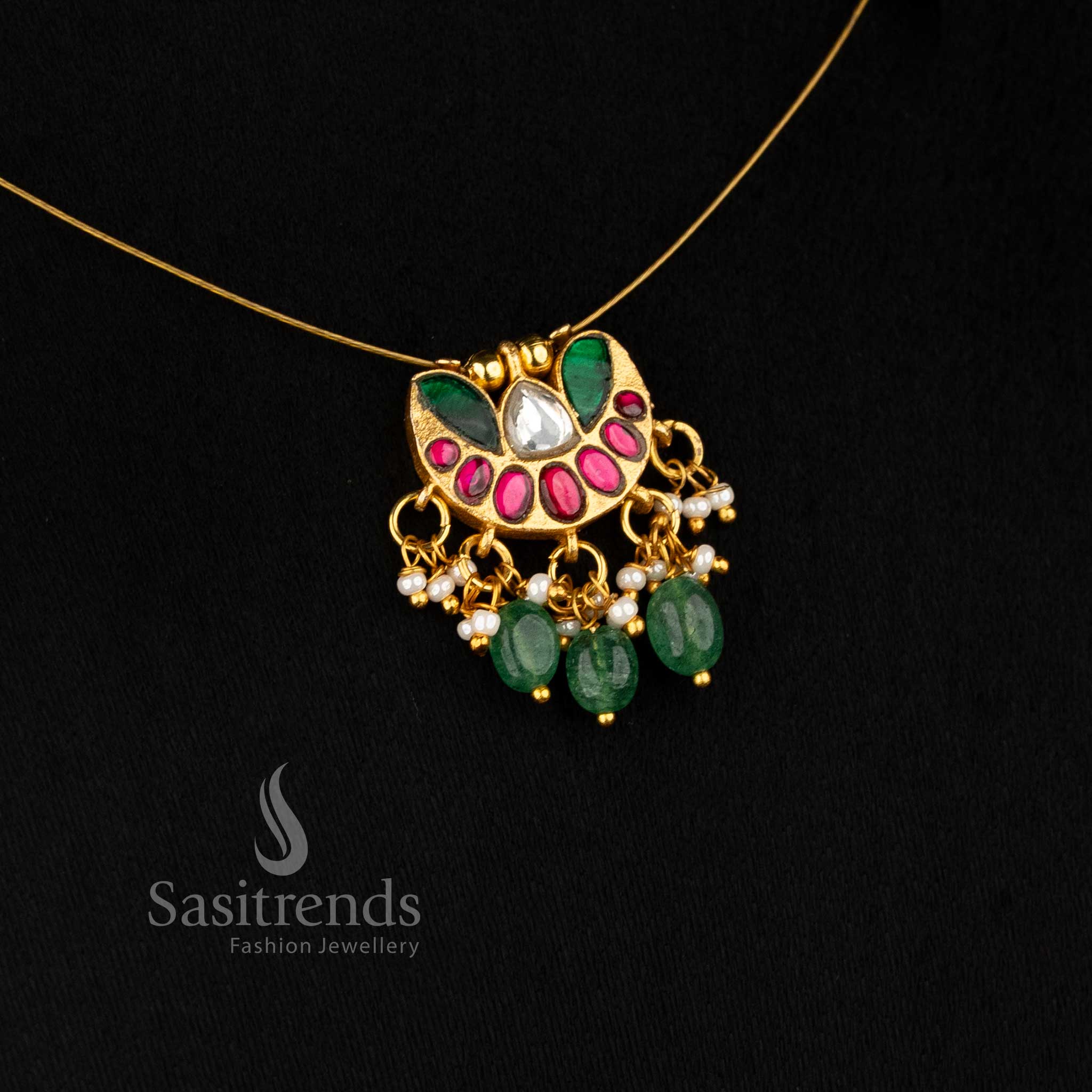 Jadau 24K gold plated invisible chain necklace showcasing crafted motifs and delicate pearl details, perfect for saree occasions – Sasitrends