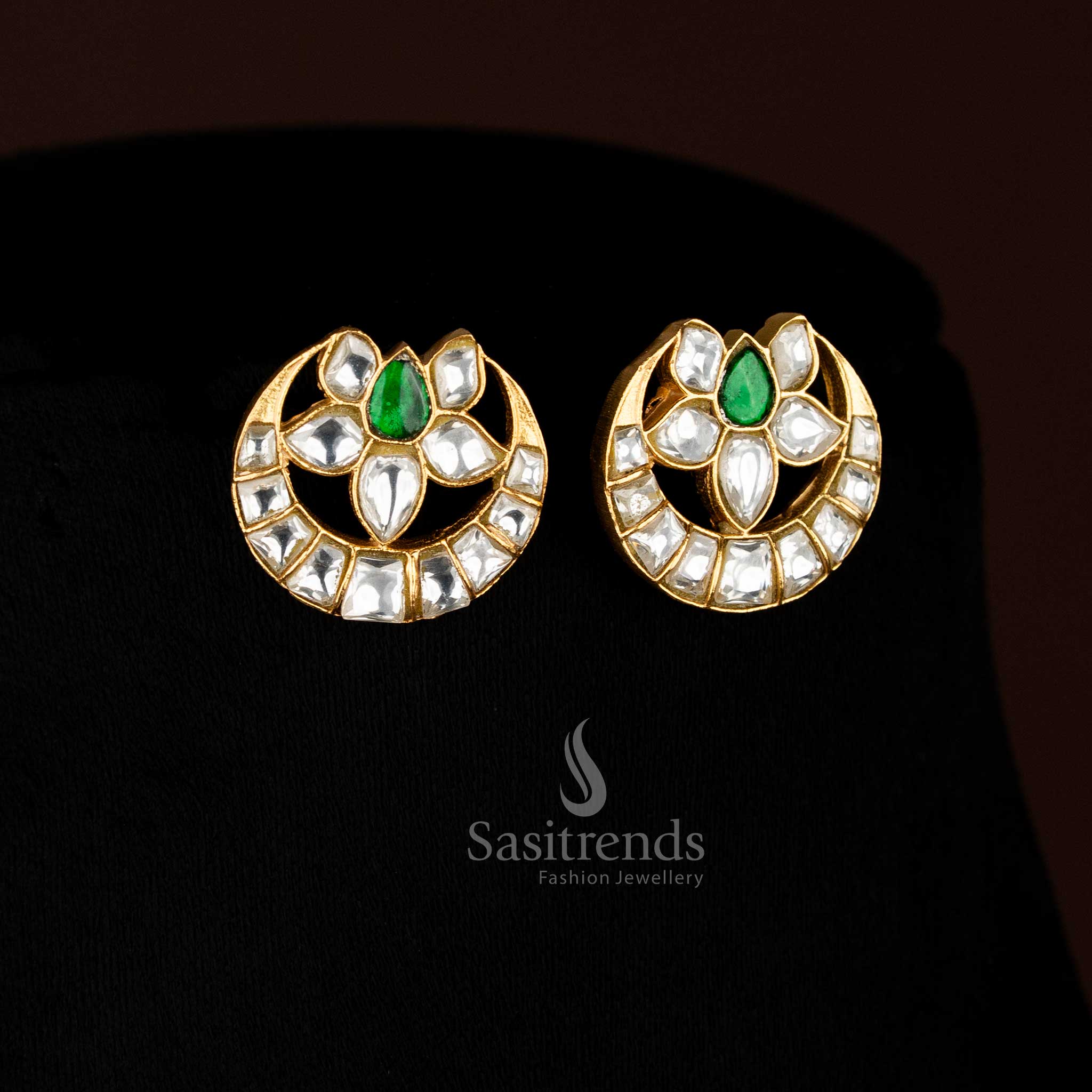 Majestic Jadau 24K gold plated crescent moon earrings with lotus floral accents and pearl danglers, ideal for festive occasions and gala evenings – Sasitrends