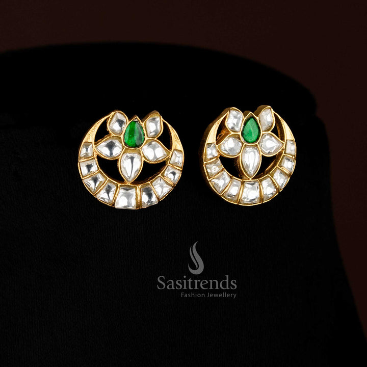 Majestic Jadau 24K gold plated crescent moon earrings with lotus floral accents and pearl danglers, ideal for festive occasions and gala evenings – Sasitrends