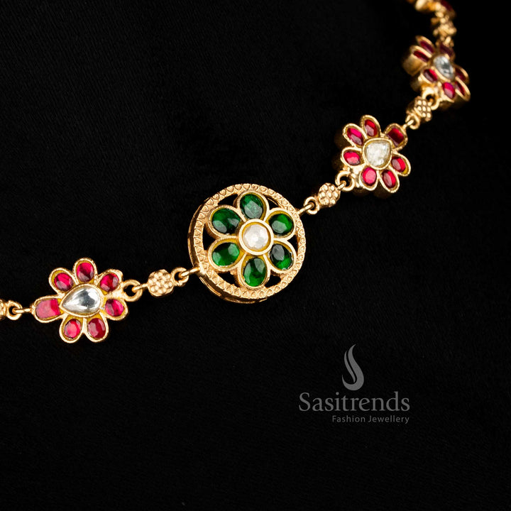 Vibrant Jadau 24K gold plated round floral necklace featuring multi-coloured stones, perfect for temple celebrations and cultural events – Sasitrends