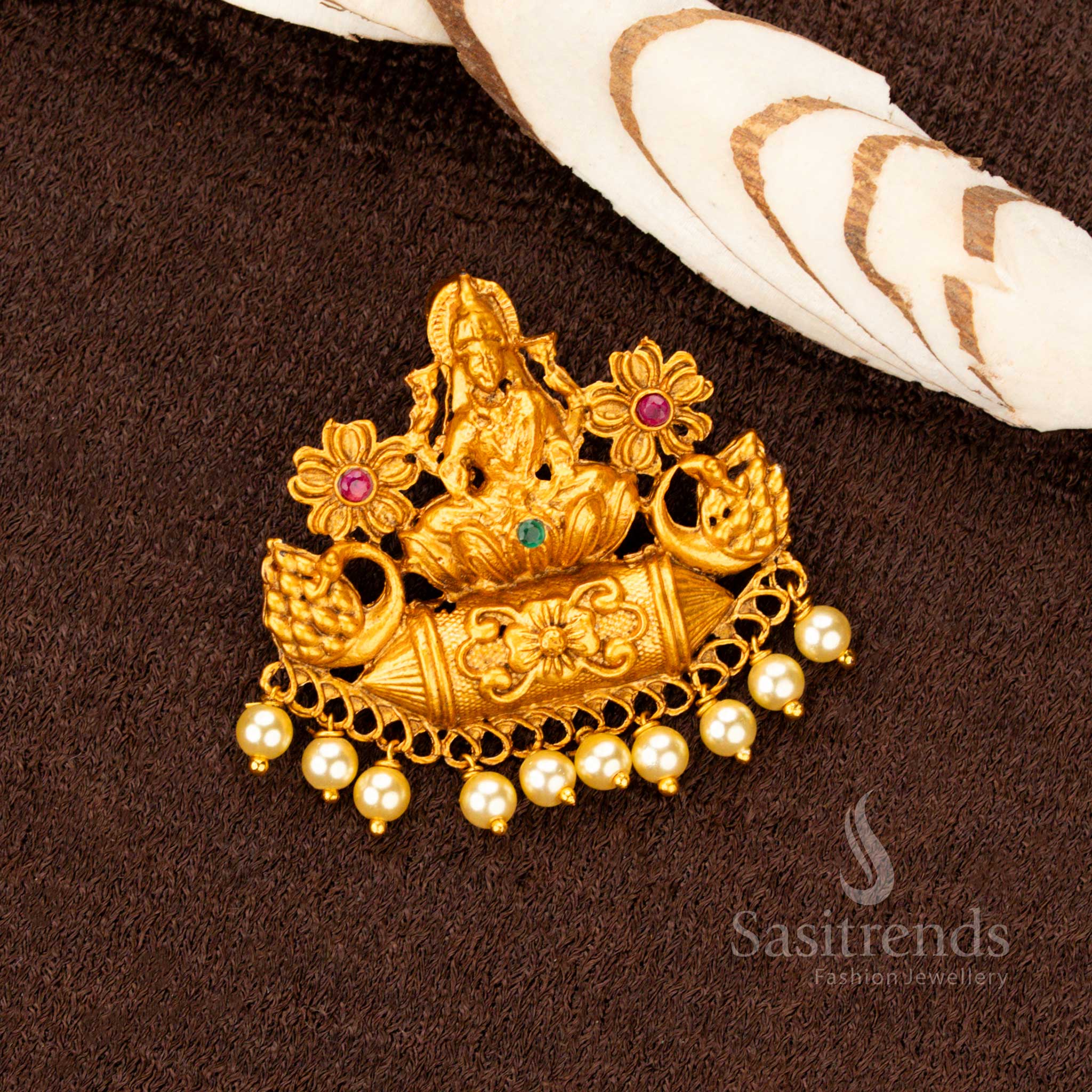 Artistic matte gold plated Lakshmi and peacock pendant with earrings, ideal for bridal adornment and traditional elegance – Sasitrends