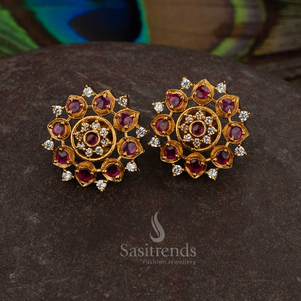 Artful matte gold white ruby AD stone mandala stud earrings offering refined ethnic styling - Sasitrends