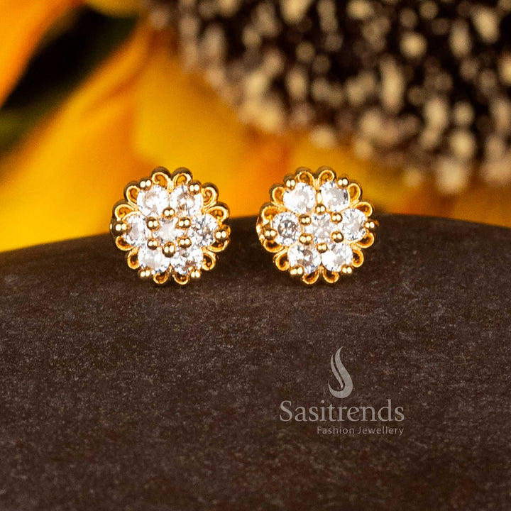 Regal Traditional Micro Gold Plated AD Floral Cluster Stud Earrings with Filigree Edge for Party and Festive Wear – Guaranteed