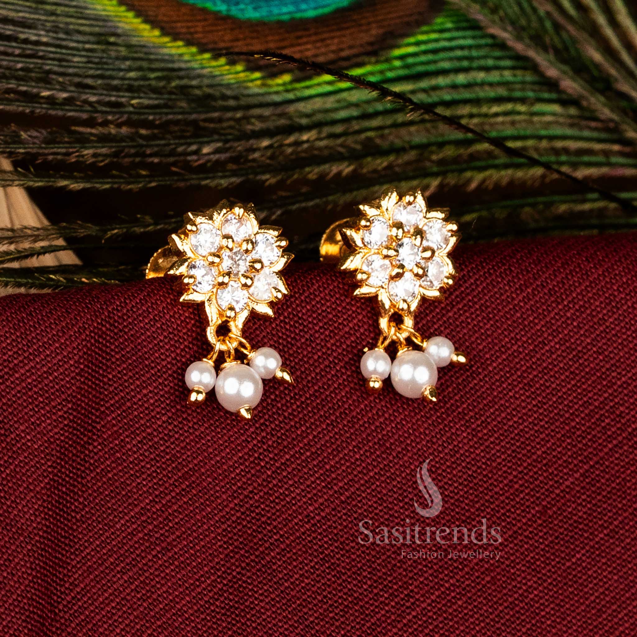 Luxurious Micro Gold Plated Floral Cluster Dangle Earrings with Pearl Drops in White, Perfect for Party and Festive Wedding Jewellery – Sasitrends