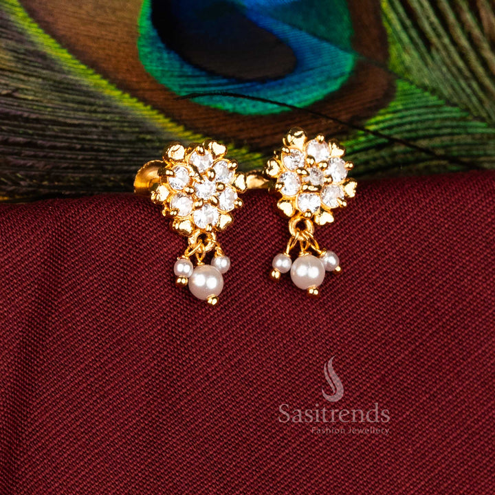 Luminous Micro Gold Plated AD Starburst Rosette Dangle Earrings with Pearl Drops for Festive and Wedding Wear – Guaranteed