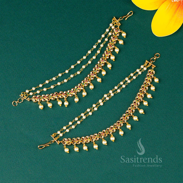 Premium Micro Gold Plated AD Stone Pearl Matil Ear Chain, Opulent Designer Jewellery Reflecting Cultural Brilliance And Heritage Charm – Sasitrends