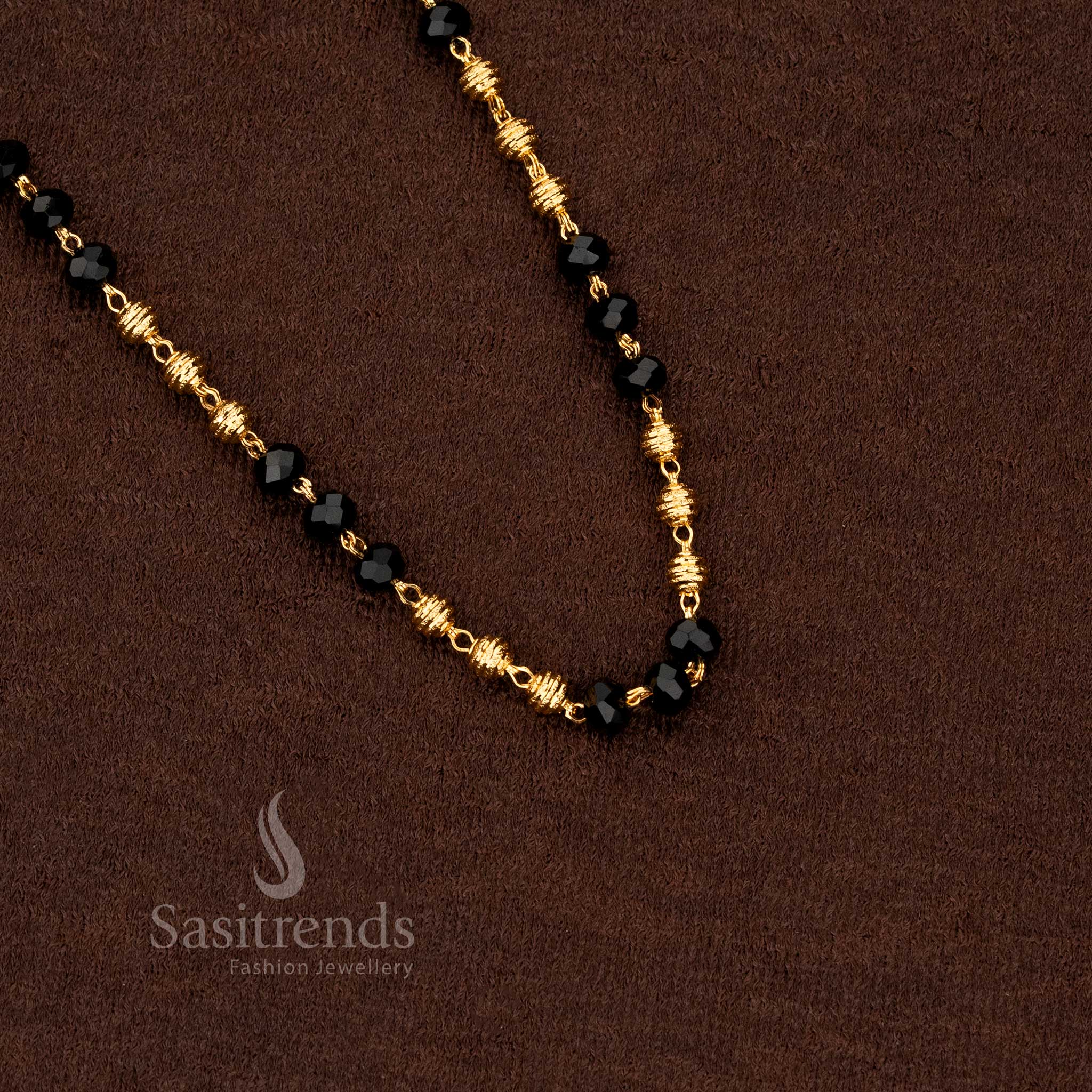 Luminous micro gold plated black beads chain featuring antique ball pattern, ideal to wear for festive occasions and temple ceremonies – Sasitrends