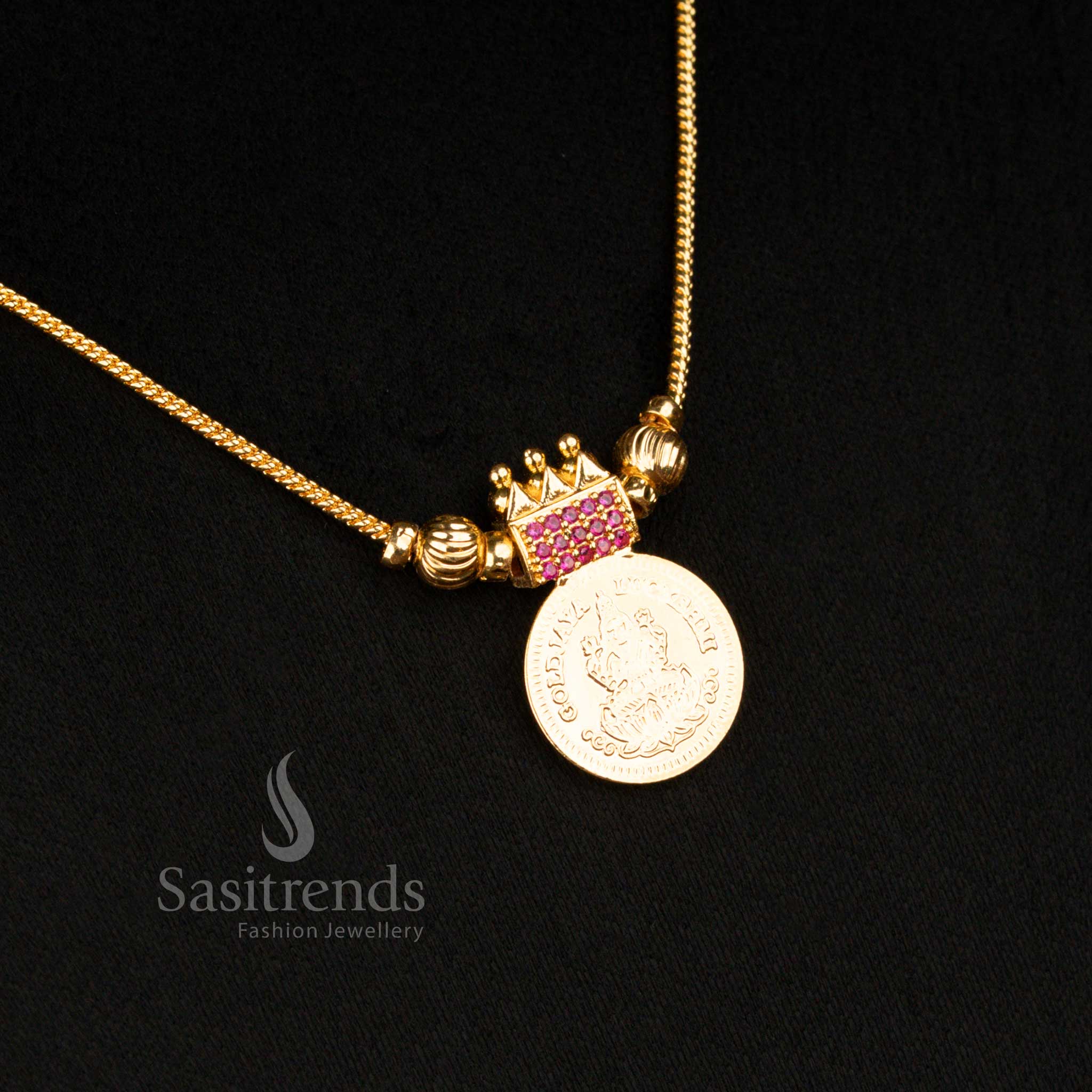Traditional micro gold plated Lakshmi coin necklace with stone studded frame designed for divine elegance in special wear - Sasitrends