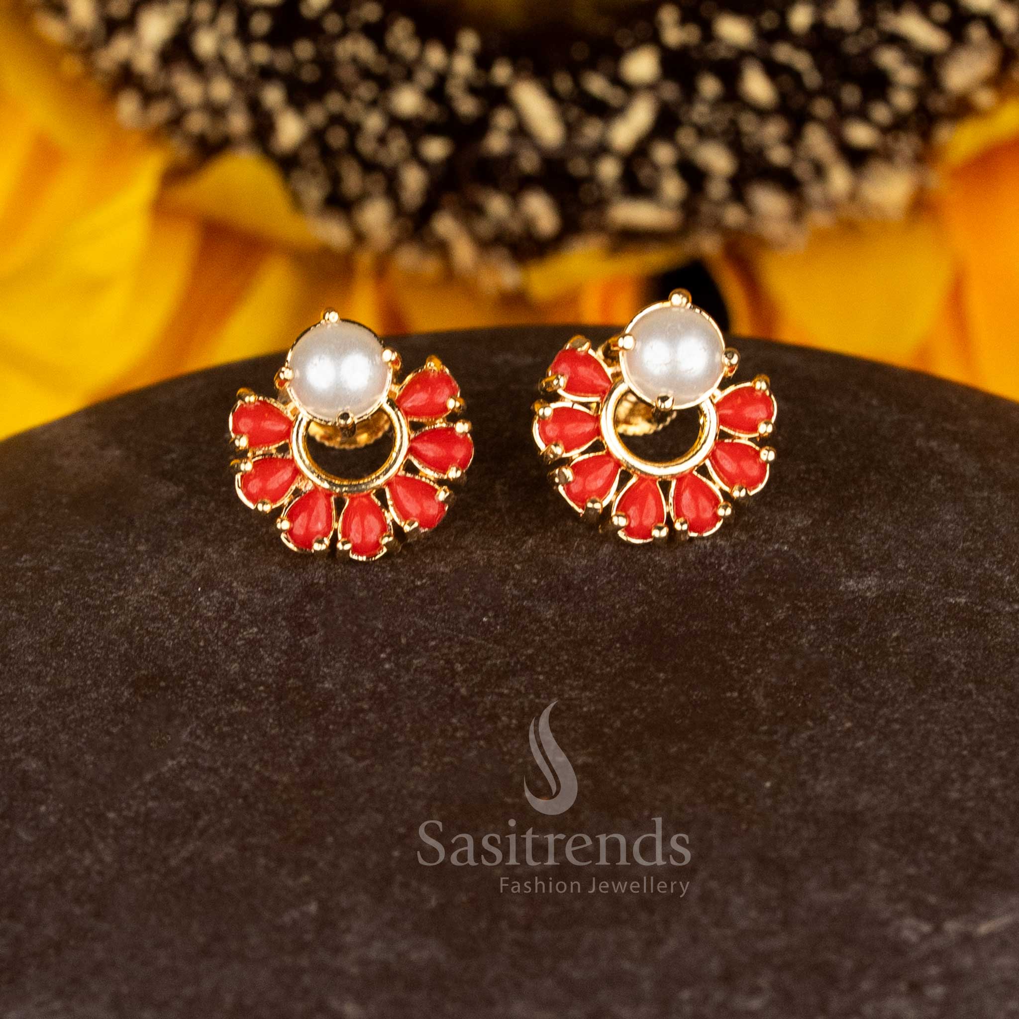 Elegant micro gold plated pearl pavalam round stone stud earrings crafted for traditional brilliance and poise - Sasitrends