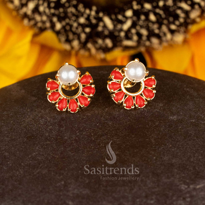 Elegant micro gold plated pearl pavalam round stone stud earrings crafted for traditional brilliance and poise - Sasitrends