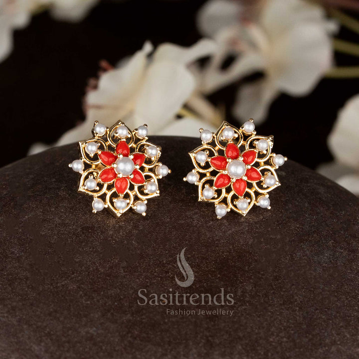 Splendid micro gold plated Pearl-pavalam stone teardrop floral screw stud earrings designed with vibrant sparkle and festive glow - Sasitrends