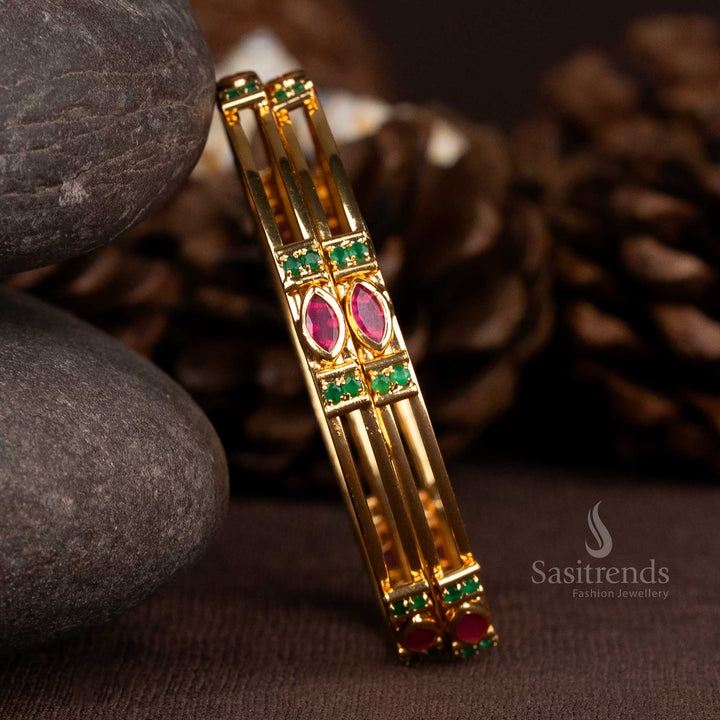 Beautiful traditional micro gold plated ruby-green American diamond bangles designed for cultural ceremonies and festive traditional jewellery collections – Sasitrends